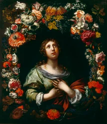 Santa Águeda emergiendo de una guirnalda floral